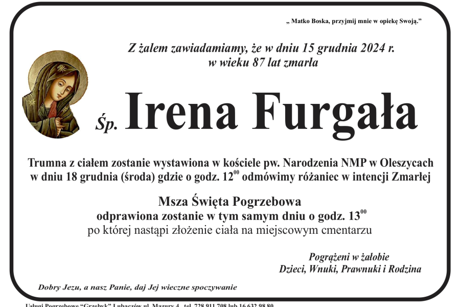 Zmarła Irena Furgała [87 lat]